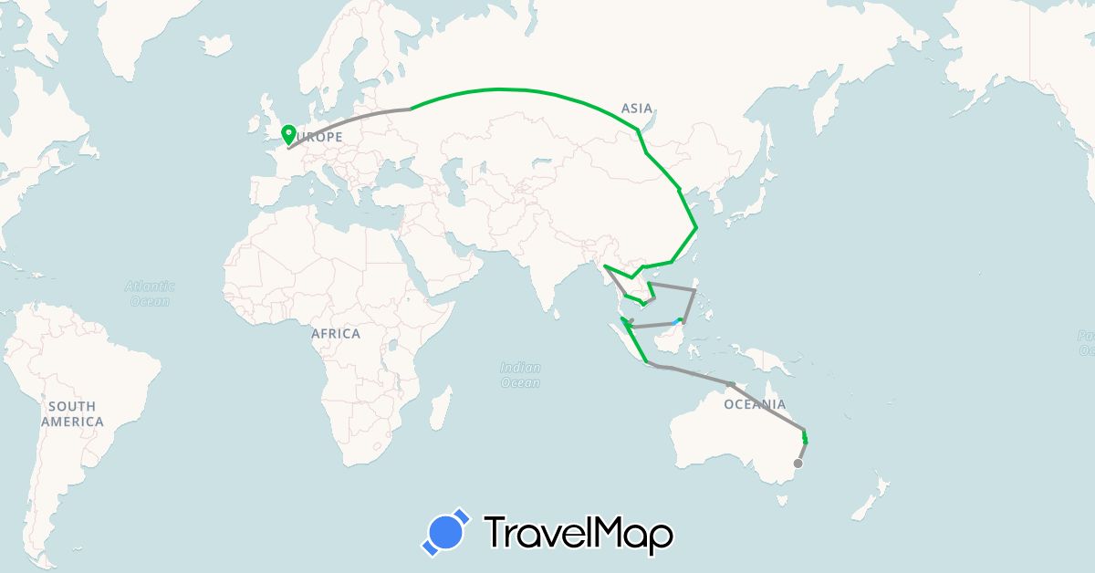 TravelMap itinerary: driving, bus, plane, boat in Australia, Brunei, China, France, Hong Kong, Indonesia, Cambodia, Laos, Myanmar (Burma), Mongolia, Malaysia, Philippines, Russia, Thailand, Vietnam (Asia, Europe, Oceania)